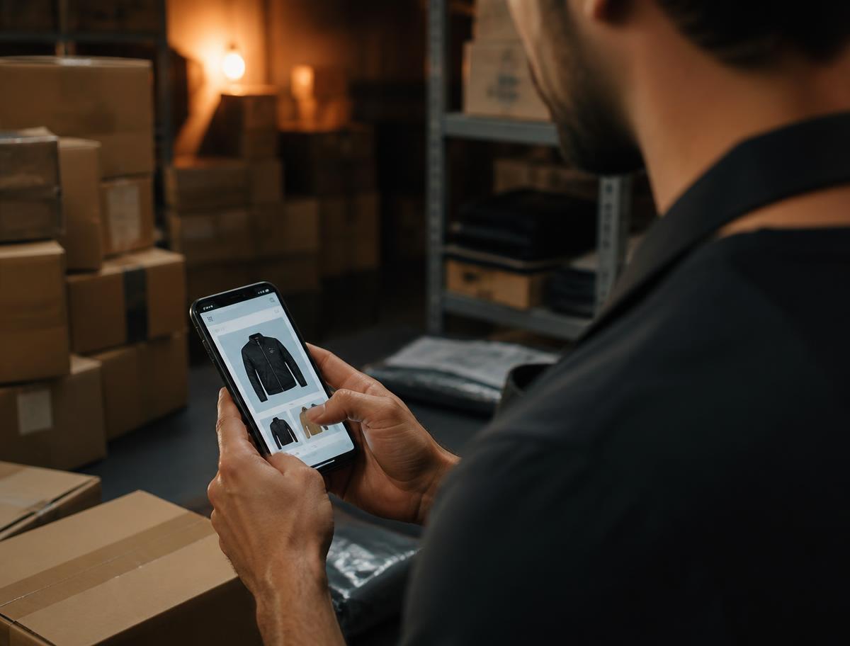Responsabile e-commerce controlla una scheda prodotto dal telefono nel magazzino spedizioni